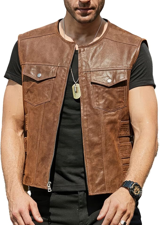 Vest Genuine Leather Round Neck Double Pocket Zipper